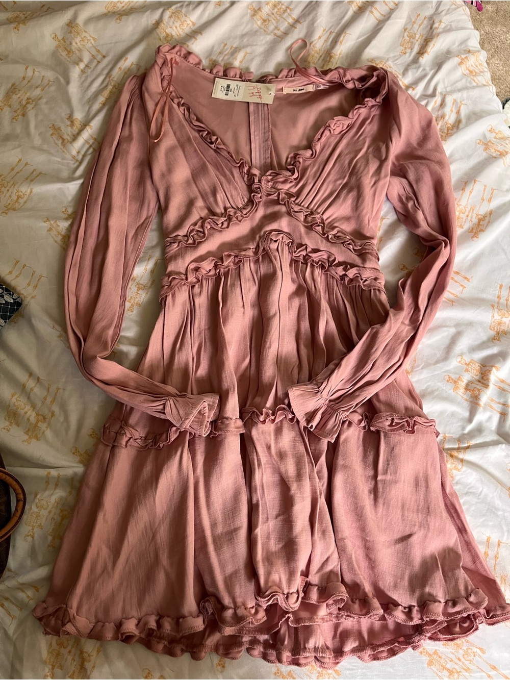 miami Dusty Rose Long-Sleeve Ruffle V-Neck Dress - a noticeable stain